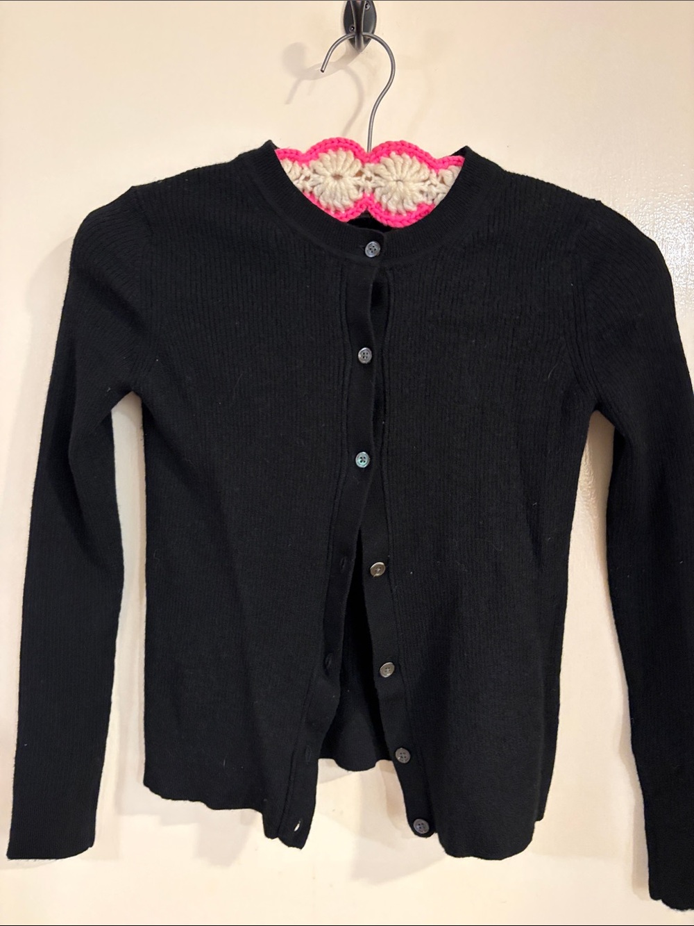 Black Women's Crewneck Button Cardigan Sweater - 100% merino wool S
